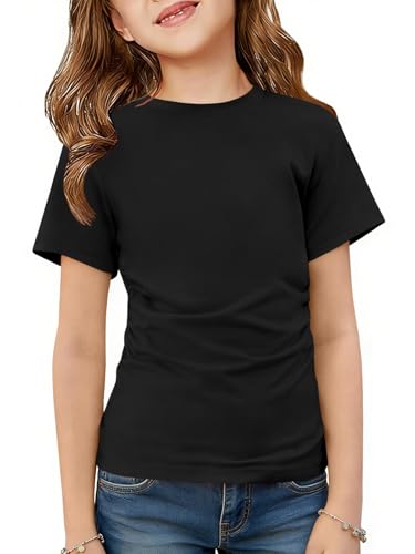 ZDC Girls Short Sleeve T Shirts Kids Summer Crewneck Ruched Tunic Tops Basic Tees 5-14 Years Black