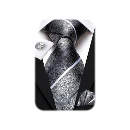 Image of Dubulle Men Black Grey Silver Tie and Pocket Square Set Silk Striped Necktie Handkerchief Cufflinks 3PCS Set Wedding Business