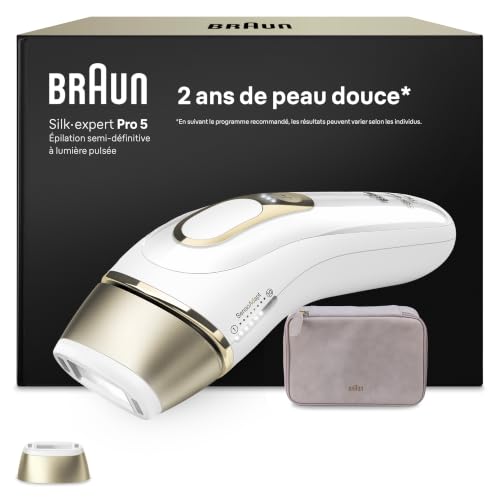 Braun Epilateur Lumiere Pulsee Silk·expert Pro 5 PL5100, Blanc et Or – Alternative au Laser à Domicile, Filaire, avec Pochette, 1 Tête