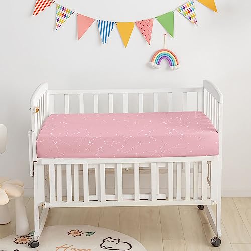 Image of Crib Bedding Set, 3pcs Nursery Crib Covers with Comforter & Skirt, Pink Moon Printed Bedding for Baby Boys & Girls