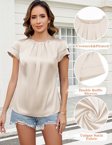 Blooming Jelly Womens Dressy Business Casual Blouse Pleated Ruffle Short Sleeve Satin Silk Work Shirt Summer Tops 20253