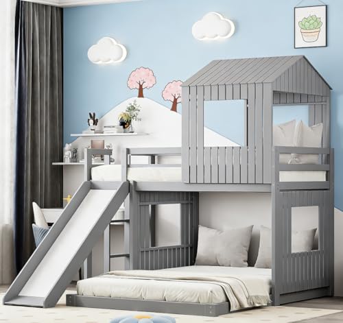 Image of Bellemave Bunk beds Twin Over Full with Slide,Ladders,House roof Design, Low bunk /loft Bed for Kids, Gray
