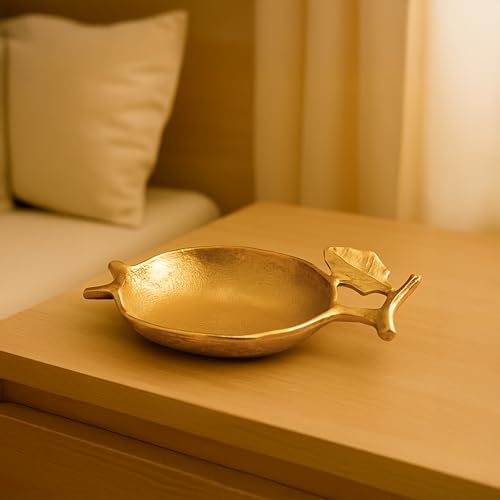 Image of MARKET 99 Golden Pomegranate Catch Dish | Glossy Aluminium Embossed Bowl for Home Decor, Table Display & Gifting |Designer Decorative Catch-All Tray for Dining, Center Table & Festive Use
