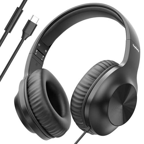 Upgraded USB C Wired Headphones, Over-Ear Type C Headphones with Microphone, HD Stereo Sound, Volume Control, Foldable USB Type C Headphones for Adults/Teens//Tablets/Computer/iPhone/Travel(Black)