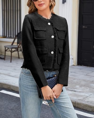 Ladyful Womens Cropped Tweed Blazer Jacket Collarless Lady Jacket Long Sleeve Fall Elegant Work Suits Coat3