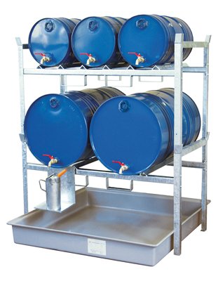 Fassregal, Stahl verzinkt, mit Fassauflage für 2x2 00-l-Fässer und 3x60-l-Fässer, GFK-Auffangwanne 22