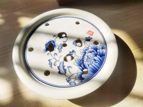 Image of Porcelain Tea Tray, Double-Layer Ceramic Tray Round Elegant Blue & White Design, Large Capacity Water Basin, Smooth & Easy to Clean