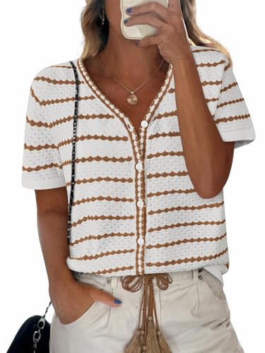 Image of NALANISA Women's Short Sleeve Sweater Spring Summer Crochet Knit Tops 2026 V Neck Striped Button Down Dressy Casual Blouses