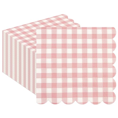 50PCS Pink Scalloped Gingham Paper Napkins - Light Pink and White Striped Luncheon Napkin, Checkered Dessert Napkins, Disposable Decorations Supplies for Birthday Baby Shower Wedding Party
