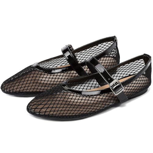 Women's Mesh Ballet Flats Round Toe Fishnet Ballerina Flats Buckle Strap Mary Jane Ballet Flats for Parties or Casual Dress Shoes Black