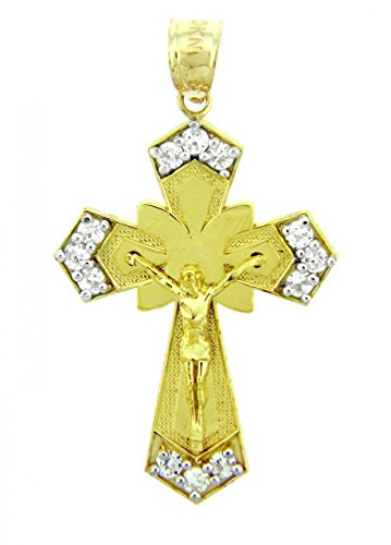 Solid 14k Yellow Gold 12-Stone Cross Pardon Crucifix Pendant