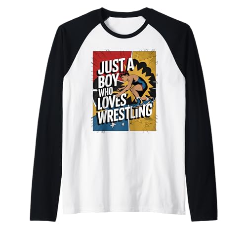 Just a Boy Who Loves Wrestling Comic Style Design Camiseta Manga Raglan