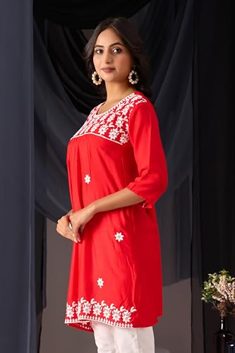 Image of Sidhidata Rayon Floral Embroidered Short Kurti | Short Anarkali Kurti for Girls | Women's Casual Sleeveless Printed Top | Tops for Women (Kurti Myra)