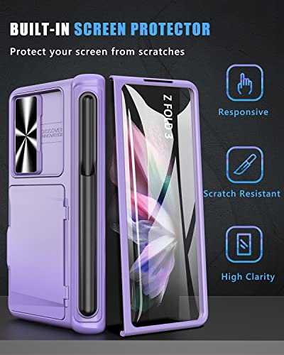 Vihibii For Galaxy Z Fold 3 Case With Card Holder & S Pen Holder, Sliding Camera Cover & Hinge Protaction & Kickstand & Screen Protector, Multifunction Case For Samsung Galaxy Z Fold 3 2021 (Purple) #TOP3