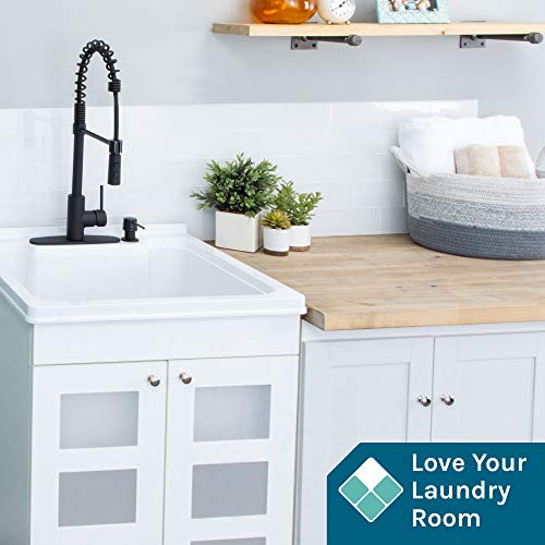 Js Jackson Supplies White Utility Sink In White Vanity, Matte Black Pull-Down Coil Faucet, Soap Dispenser And Spacious Cabinet For Garage, Basement, Shop And Laundry Room #TOP2