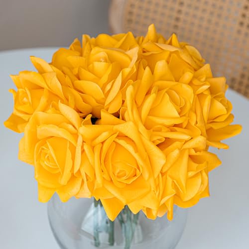 DUYONE Ramo de rosas artificiales de un solo tallo, 10 unidades, ramo de flores de seda falsa, tacto real para decoración del hogar, fiesta, boda (naranja amarillo)