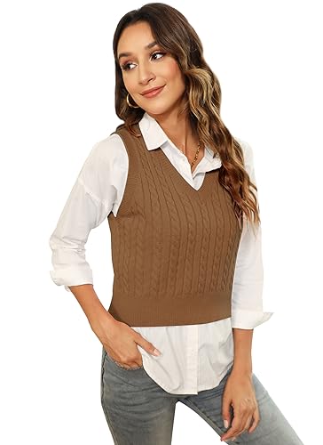 Image of HOCOSIT Women's Knitted V-Neck Vest Argyle Plaid Preppy Style Sleeveless Pullover Crop Sweater Vest
