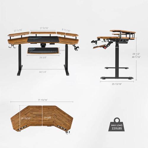 Image of EUREKA ERGONOMIC Solid Wood Top Gaming Desk, 72 inch Dark Acacia Wood Wing-Shaped Studio Desk with Keyboard Tray, LED Shelves, Heavy-Duty Recording & Live Stream Desk