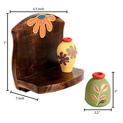 Image of AAKRITI ART CREATIONS Wooden Wall Decor Shelf with 2 Pots Floral Art | Handcrafted Wooden Hanging Shelf with Terracotta Vases | Matte Finish Decorative Wall Art for Living Room, Entryway & Gifting