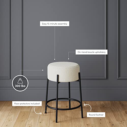 Nathan James Isaac 24" Modern Backless Bar Stool With Round Soft Padded Boucle Seat And Metal Mid-Century Base, Boucle White/Black #TOP2