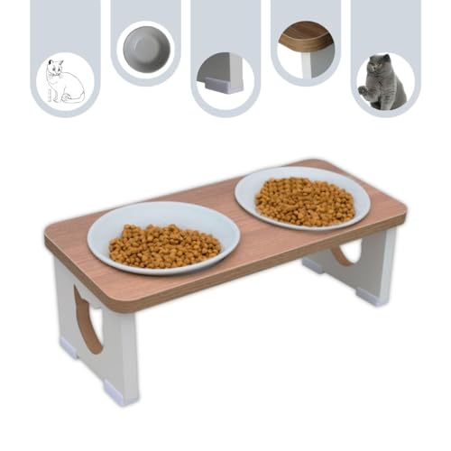 Comedouro Elevado Duplo Gato Pet MDF - Tigela Porcelana