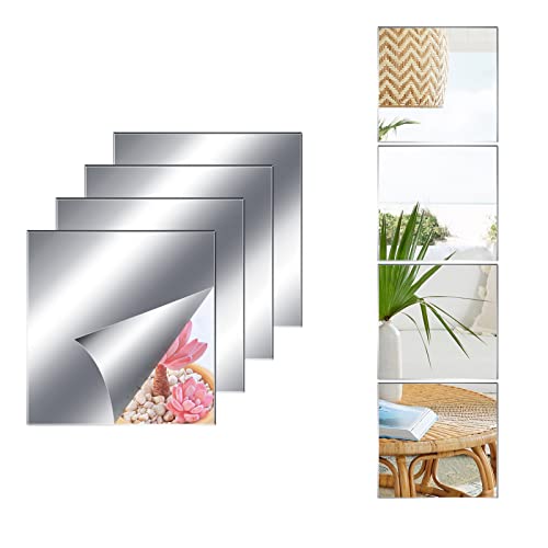 JMITHA Selbstklebende Fliesenspiegel 4 Stück 20.5x20.5cm Spiegelfliesen Selbstklebend 2mm HD DIY Acrylic Wandspiegel Klebespiegel Wanddekoration Spiegel Zum Aufkleben Klebespiegel für die Wand