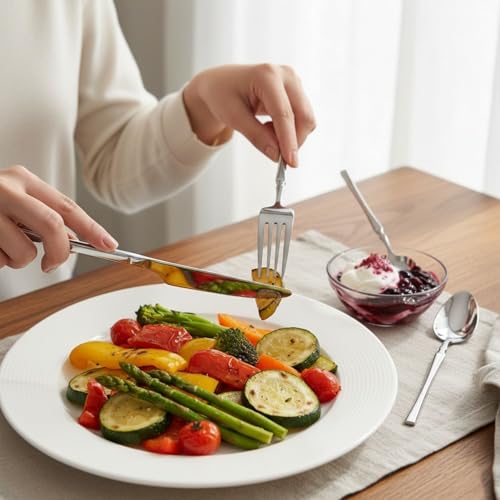 Image of 15 Pcs Silver Cutlery Set for Dining Table the Perfect Lightweight Silim Handle Tableware Including Dinner Spoon, Dinner Fork, Dinner Knife, Dessert Spoon & Dessert Fork
