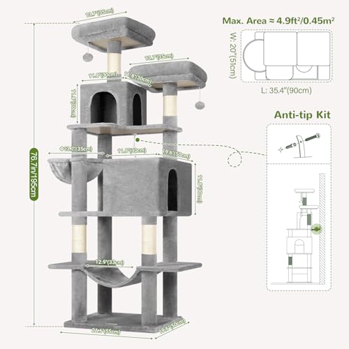 Globlazer Cat Tree Tower, 76-Inch Extra Tall Multi-Level Cat Furniture with Cozy Condos, Hammock and Perches for Adult Cats, Perfect for Climbing, Scratching, and Play, F76, Light Grey by Globlazer - Used condition - Image 5