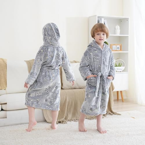Boys Bathrobe Gift Glow in The Dark Kids Robes for Boys, Soft Fleece Hooded Toddler Boy Robe 3-14 Years4