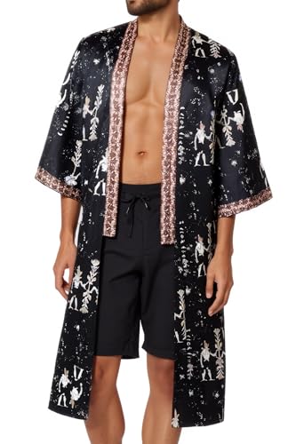 PRODESIGN Mens Satin Kimono Robe - Long Silky Sleepwear Nightgown Egyptian Bathrobe Dressing Gown Cardigan Beach Cover Up - Main Image