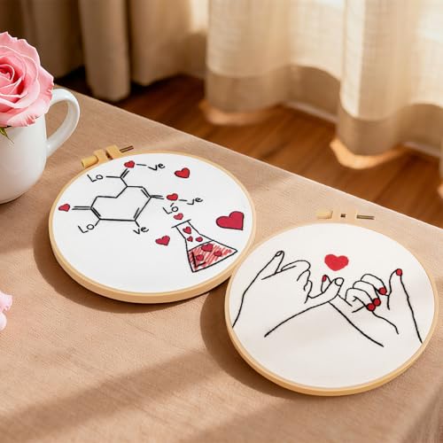 Image of Valentine's Day Embroidery Kits for Beginners Adults, Romance Love Heart Embroidery Needlepoint Kits, Hand Stamped Cross Stitch Kits for Beginners Adults, 2 Embroidery Hoops (Attached Video Tutorial)