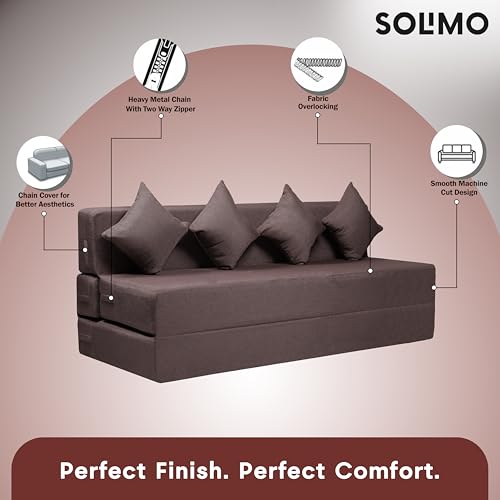 Image of Amazon Brand - Solimo 4 Seater 6 * 6 Jute Fabric Washable Cover Sofa Cum Bed with 4 Cushions 4 Seater Double Foam Fold Out Sofa Cum Bed (Finish Color - Brown Delivery Condition - Pre-Assembled)