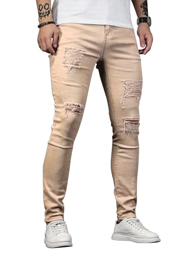 Image of HUNGSON Men's Blue Slim Fit Jeans Stretch Destroyed Ripped Skinny Jeans Side Striped Denim Pants