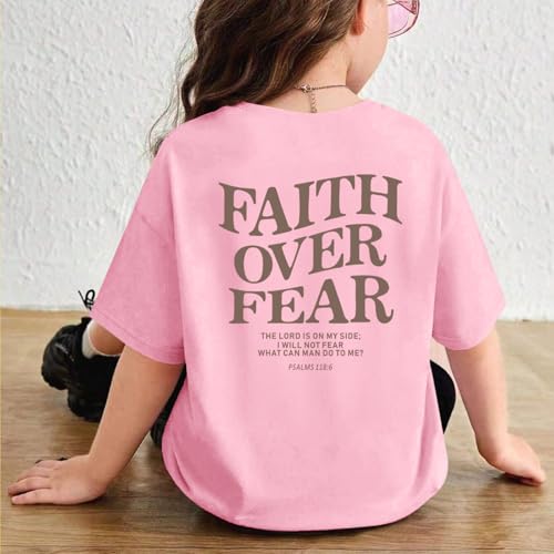 Image of Faith Over Fear Shirt Christian Jesus Tshirts for Girls Religious Inspirational Tees Bible Verse Tops for Kids 3-12