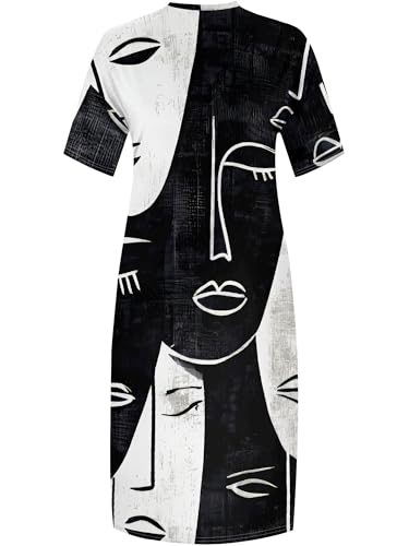 Image of Plus Size Maxi Dress for Women Short Sleeve V Neck Casual Loose Sundress with Pockets