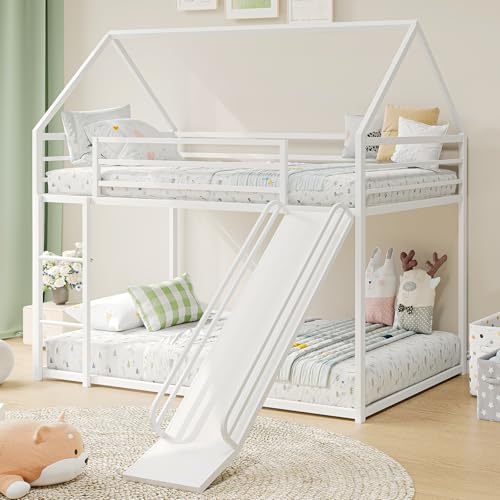 Tufons Metal Bunk Bed with Convertible Slide & House Roof Design - Twin-Over-Twin Low Frame | Full...