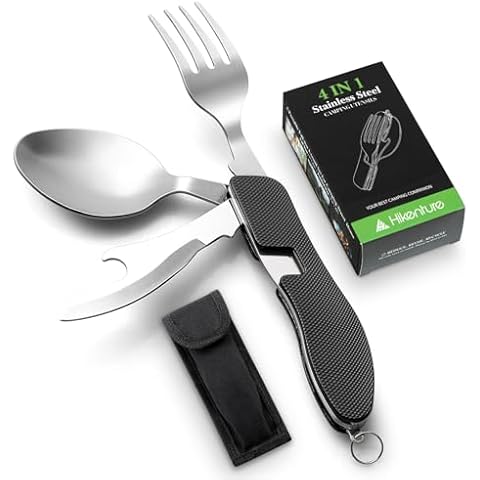 Camping Utensil HIKENTURE 4-In-1 Stainless Steel Fork Knife Spoon Bottle Opener Set with Storage Case (Black) Cover