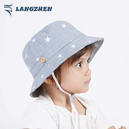 Image of LANGZHEN Sun Protection Hat for Kids Toddler Boys Girls Wide Brim Summer Play Hat Cotton Baby Bucket Hat with Chin Strap