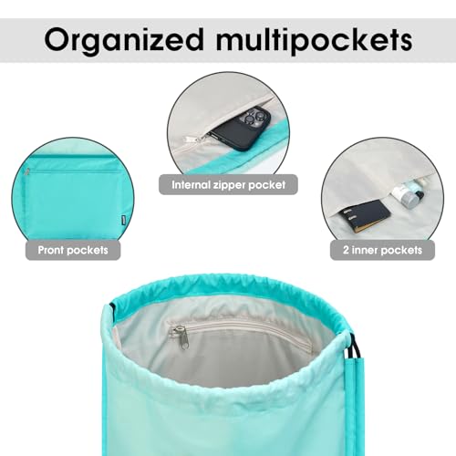 Miniatura 5 de Wandf Mochila Con Cordón, Bolsa Deportiva Para Gimnasio Con Compartimento Húmedo, Resistente Al Agua, Bolsa Con Cordón Para Mujeres Y Hombres Verde Menta Con Hombrera