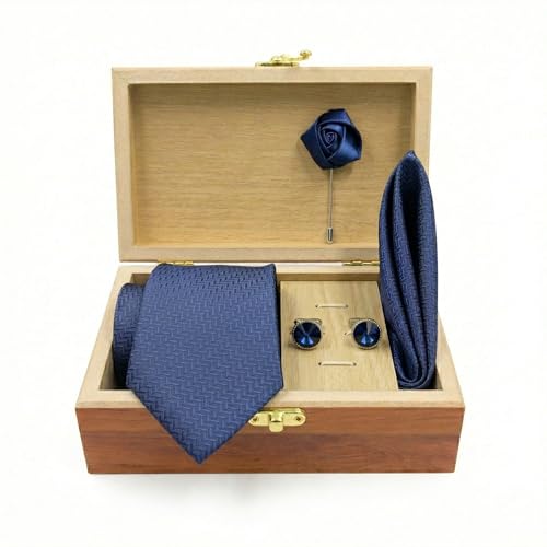 Image of Men's Necktie Gift Set with Wooden Box | Premium Tie, Pocket Square, Cufflinks & Lapel Pin | Elegant Formal Accessories Gift for Men