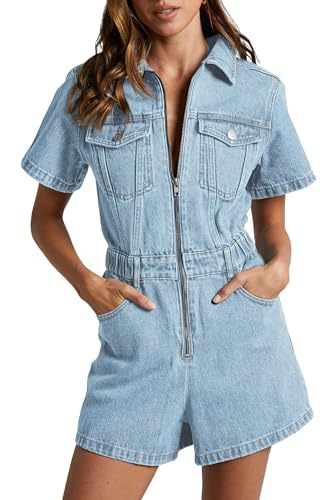 PLNOTME Womens Summer Denim Romper Short Sleeve Zip Up Utility