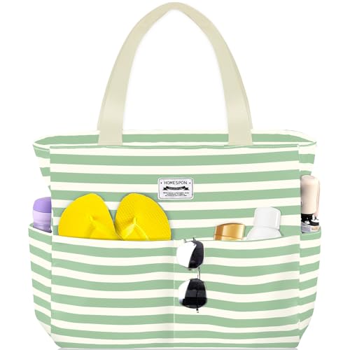 HOMESPON Bolsa de praia grande à prova d'água para mulheres, à prova de areia, bolsa de piscina com zíper e bolsos para viagens, férias, academia, Listras verdes, Large