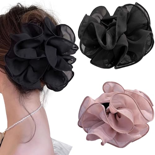 2PCS Large Chiffon Hair Claw Clips for Women, Rose Flower Design Jaw Claw Hair Clips Hair Accessories