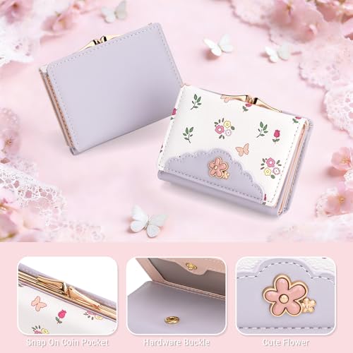 Image of YINHEXI Cute Trifold Wallet for Women Girls, Press-Lock Coin Wallet with ID Window, PU Leather Floral Small Wallet, Fits Purses & Pockets (Floral Lavender)
