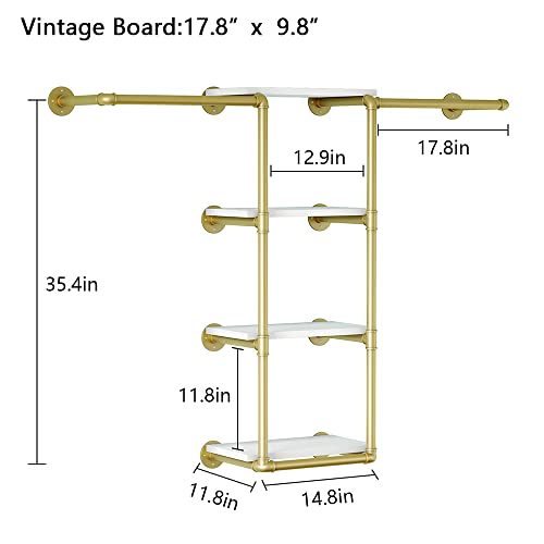 Wall Mounted Pipe Clothing Rack With Shelf,Gold Industrial Clothes Rack With 4 Tier Closet Bar Heavy Duty Iron Garment Rack, Retail Display Clothes Rod For Hanging Clothes,Laundry Room (Gold) #TOP4