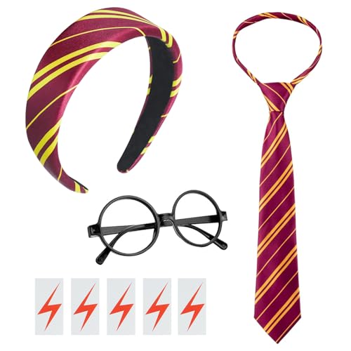 4 PCS Wizard Glasses Tie Scar Tattoo and Headband Set for Adult Women - Magic Witch Halloween Costume Accessories Round Black Fake Circle Glasses Lightning Bolt Tattoos Temporary