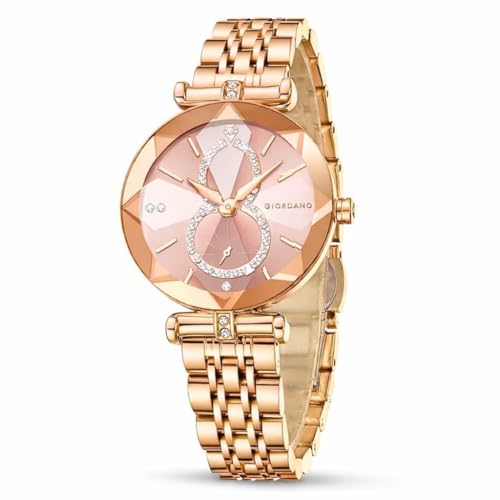 Image of Giordano Luxury Watch for Women - Round Diamond Cut Glass Dial, Elegant Stainless Steel Strap with Quartz Movement