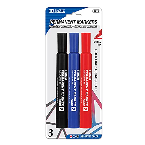 Bazic Permanent Marker Chisel Tip, Wide Assorted Color Markers, Coloring On Plastic Wood Metal Glass Stone For Art Office (3/Pack), 1-Pack #TOP7