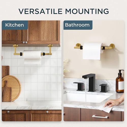 Image of FORIOUS Paper Towel Holder Under Cabinet, SUS304 Wall Mounted Commercial Paper Towel Holder, One-Handed Tear Hanging Paper Roll Holder with Ratchet Mechanism for Kitchen Bathroom (Brushed Gold)