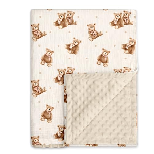 Image of GLLQUEN BABY Blankets for Boys Girls, Soft Muslin Cotton Front Dotted Fleece Backing, Nursery Minky Crib Blanket for Infant Toddler, 30 x 40 inches Throw Blanket, Bears